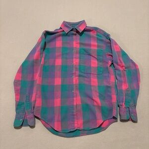 Eddie Bauer Flannel Shirt Size 8 Neon Blue Pink Fall Hiking Buttons Long Sleeves